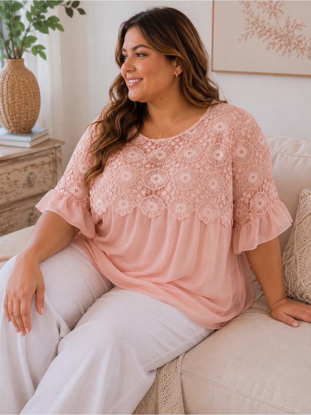 Simply Couture Blush Pink Lace Chiffon Tunic Top 3/4 Sleeve Plus Size 3XL NWT - Picture 2 of 11